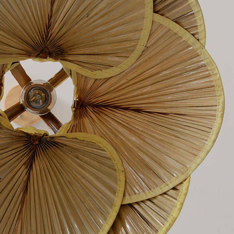 Cattail Fan Bamboo Pendant Light Chinese Style 1-Light Wood Suspension Lighting for Foyer