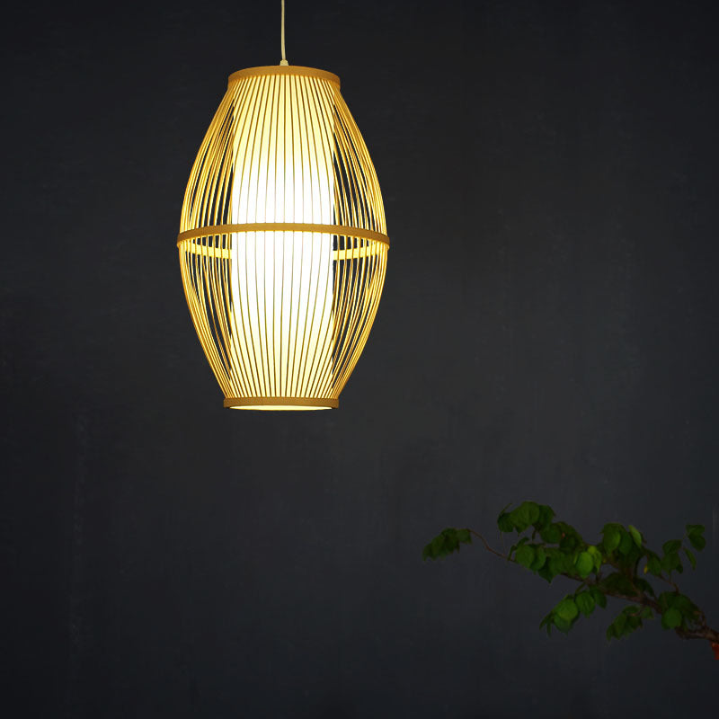 Simplicity Oval Pendant Ceiling Light Bamboo 1 Bulb Restaurant Hanging Light in Wood