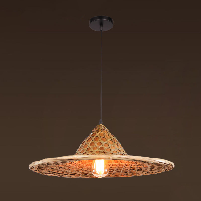 Asian Inspired Farmers Hat Pendant Bamboo Woven 1 Head Diner Ceiling Lamp in Wood