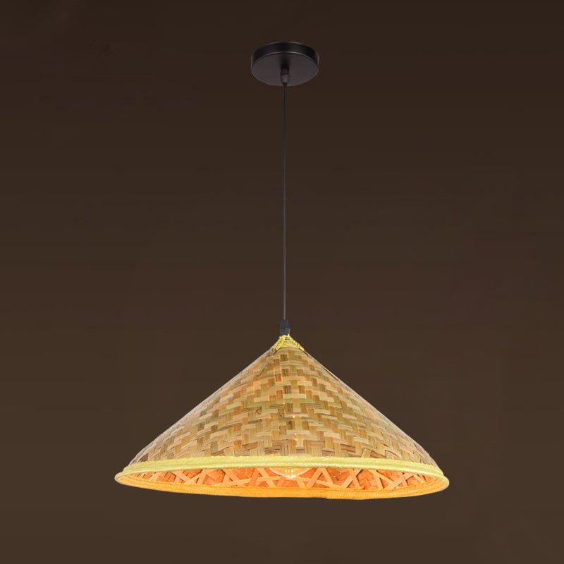 Asian Inspired Farmers Hat Pendant Bamboo Woven 1 Head Diner Ceiling Lamp in Wood