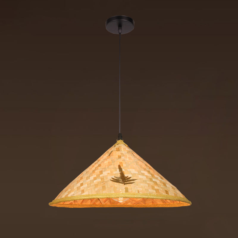 Asian Inspired Farmers Hat Pendant Bamboo Woven 1 Head Diner Ceiling Lamp in Wood