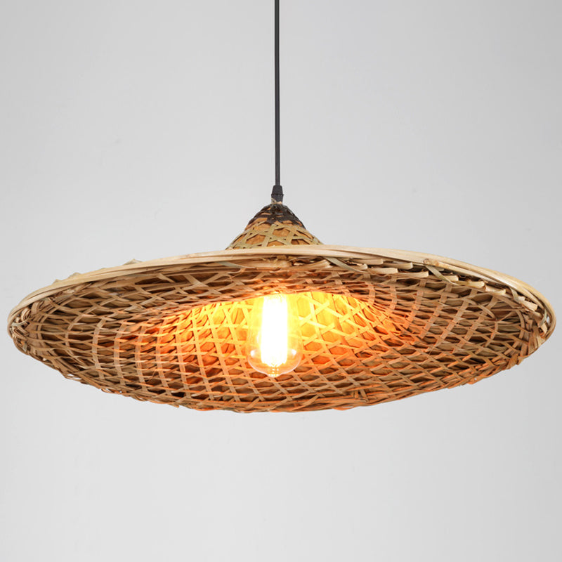 Asian Inspired Farmers Hat Pendant Bamboo Woven 1 Head Diner Ceiling Lamp in Wood
