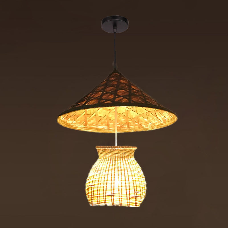 Asian Inspired Farmers Hat Pendant Bamboo Woven 1 Head Diner Ceiling Lamp in Wood
