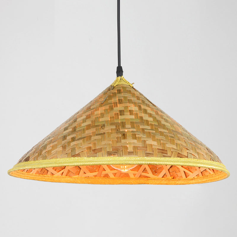 Asian Inspired Farmers Hat Pendant Bamboo Woven 1 Head Diner Ceiling Lamp in Wood