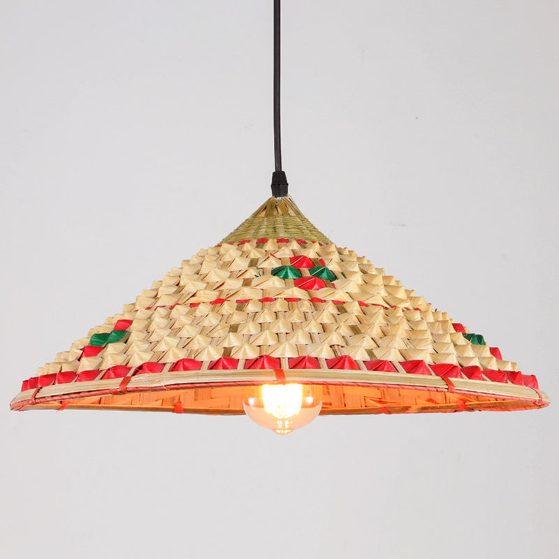 Asian Inspired Farmers Hat Pendant Bamboo Woven 1 Head Diner Ceiling Lamp in Wood
