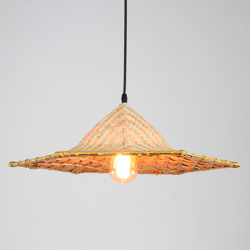 Asian Inspired Farmers Hat Pendant Bamboo Woven 1 Head Diner Ceiling Lamp in Wood