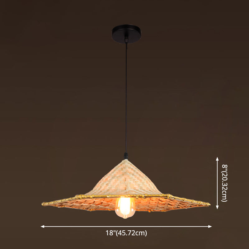 Asian Inspired Farmers Hat Pendant Bamboo Woven 1 Head Diner Ceiling Lamp in Wood