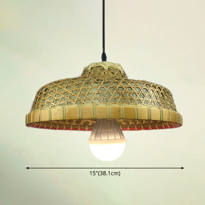 Asian Inspired Farmers Hat Pendant Bamboo Woven 1 Head Diner Ceiling Lamp in Wood