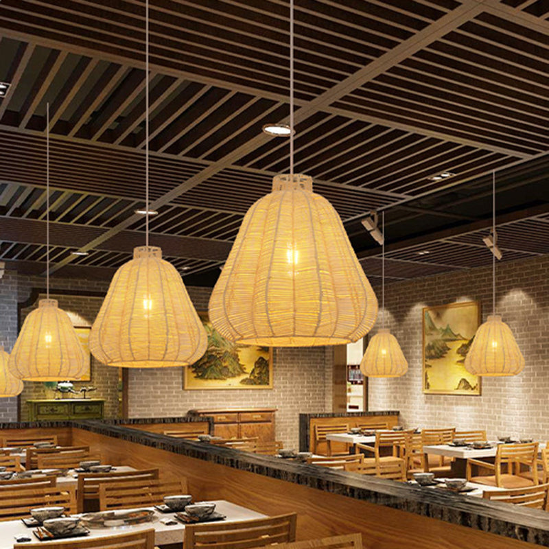 Carambola Suspension Pendant Light Creative Asian Bamboo 1 Bulb Wood Ceiling Light