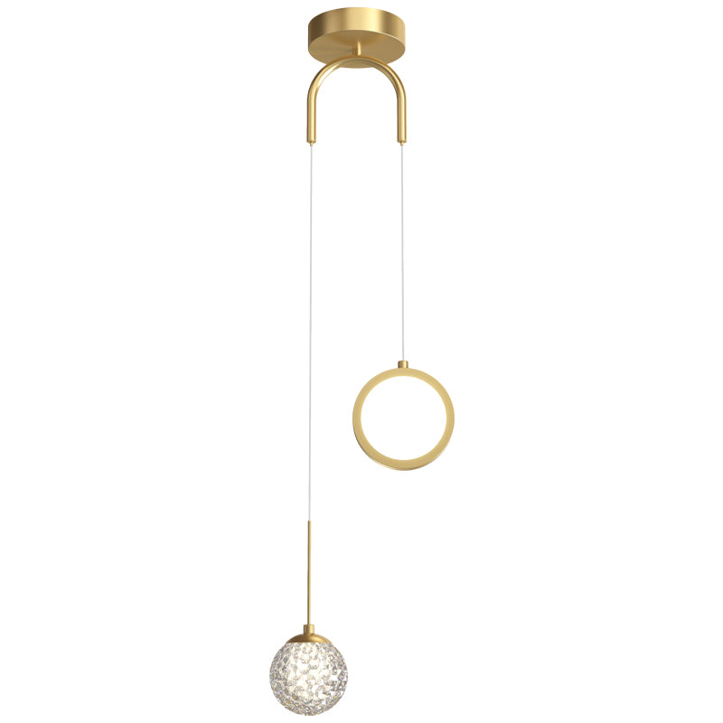 Glass Ball and Ring LED Pendant Minimalist 2-Light Gold Starry Suspension Light for Bedroom