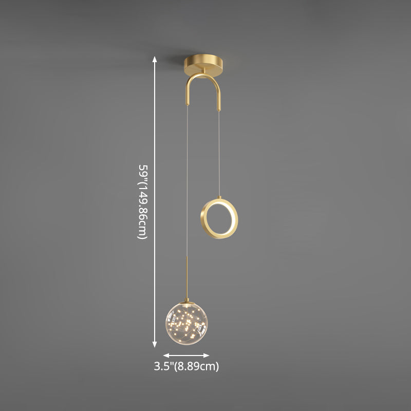 Glass Ball and Ring LED Pendant Minimalist 2-Light Gold Starry Suspension Light for Bedroom