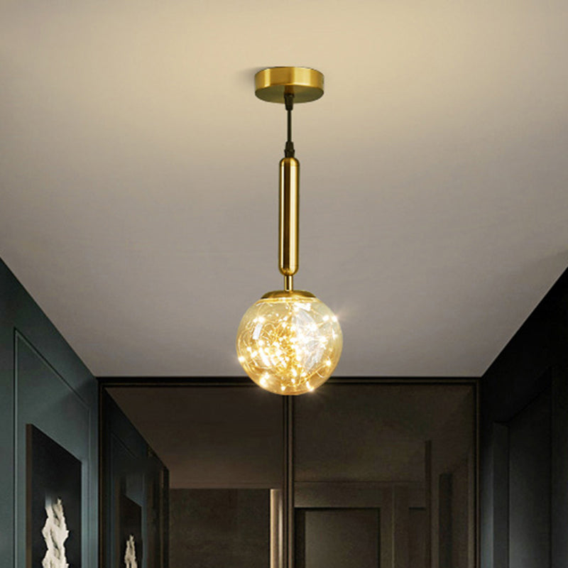 Amber Glass Ball Pendulum Light Nordic 1 Head LED Hanging Pendant with Starry String