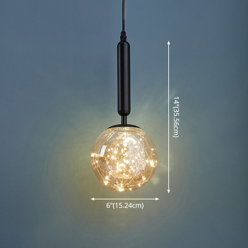 Amber Glass Ball Pendulum Light Nordic 1 Head LED Hanging Pendant with Starry String