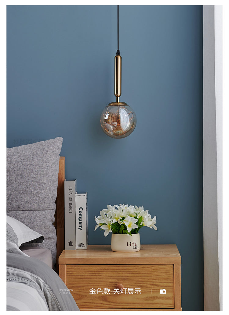 Amber Glass Ball Pendulum Light Nordic 1 Head LED Hanging Pendant with Starry String