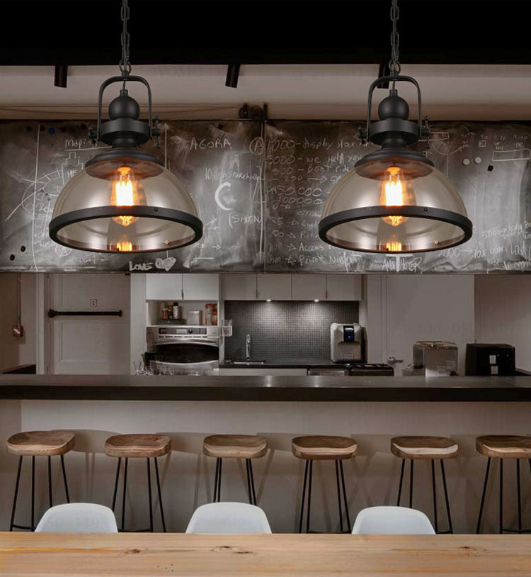 Industriestil Pot Deckel Anhänger Lampe 1-Licht klare Glasdecke mit Griff in Schwarz