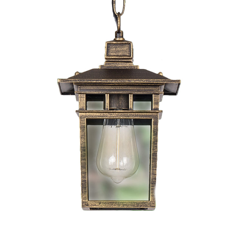 Industrial Lantern Hanging Lighting Metal and Clear Glass 1 Light Black/Bronze/Gold Outdoor Pendant Lamp for Porch