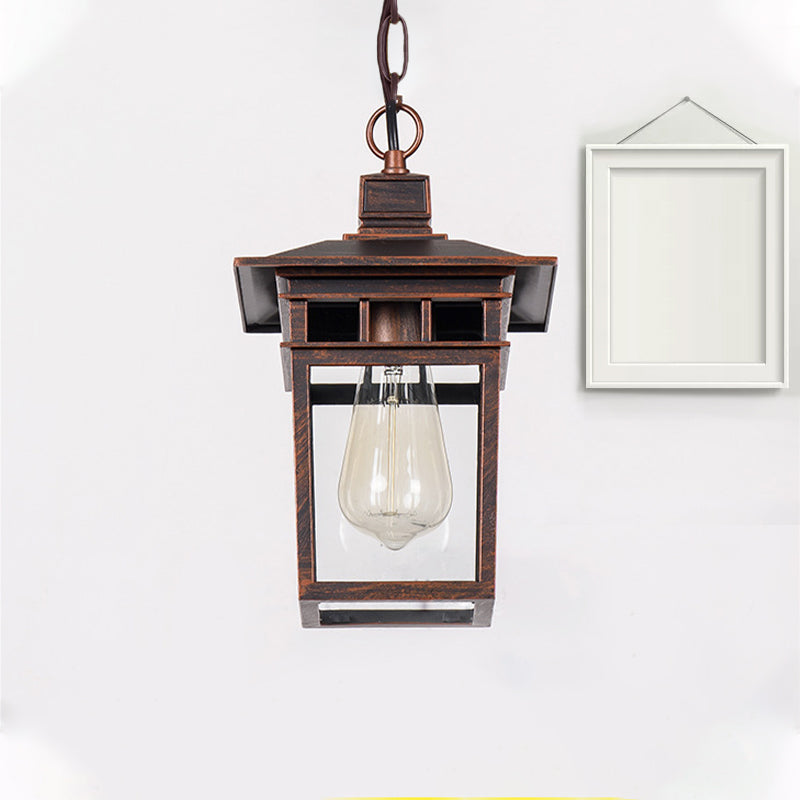Industrial Lantern Hanging Lighting Metal and Clear Glass 1 Light Black/Bronze/Gold Outdoor Pendant Lamp for Porch