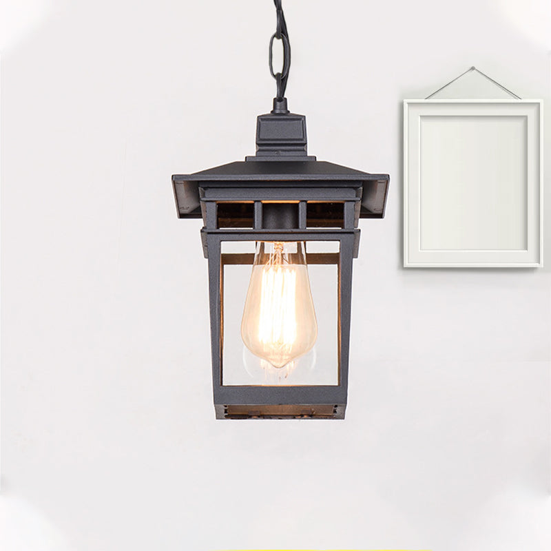 Industrial Lantern Hanging Lighting Metal and Clear Glass 1 Light Black/Bronze/Gold Outdoor Pendant Lamp for Porch