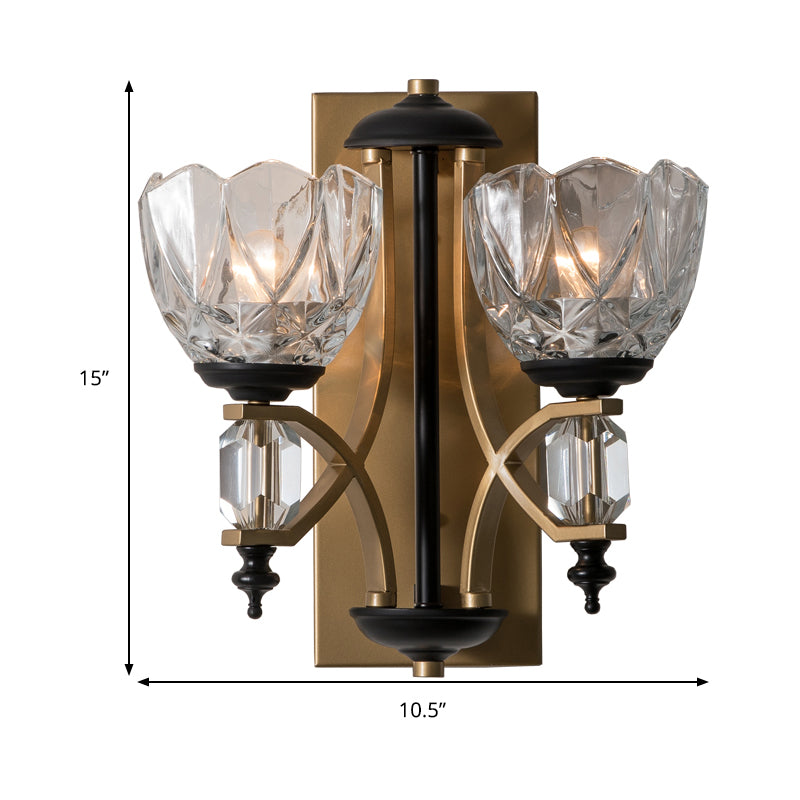 Clear Crystal Bowl Wall Light Sconce Vintage 2 Lights Wall Mounted Lamp in Gold Finish