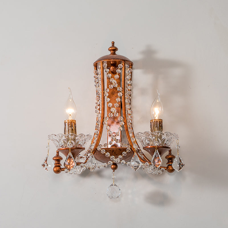 2 Heads Candle Wall Mount Light with Crystal Beaded Strand French Country Sconce Light in Weathered Copper