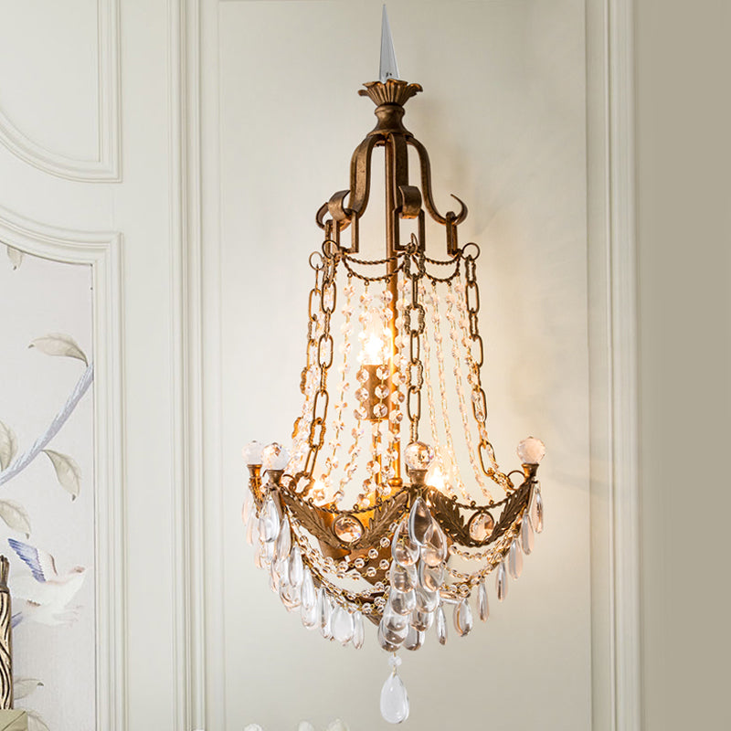 Perlenleuchte Leuchte mit klarer Kristalldekoration Vintage 3 Lichter Wandleuchte in antikem Messing