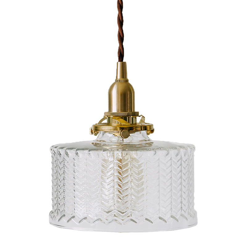 Fish-bone Texture Glass Hanging Light Brass Drum Shade Pendant Lamp for Bedroom Dining Room