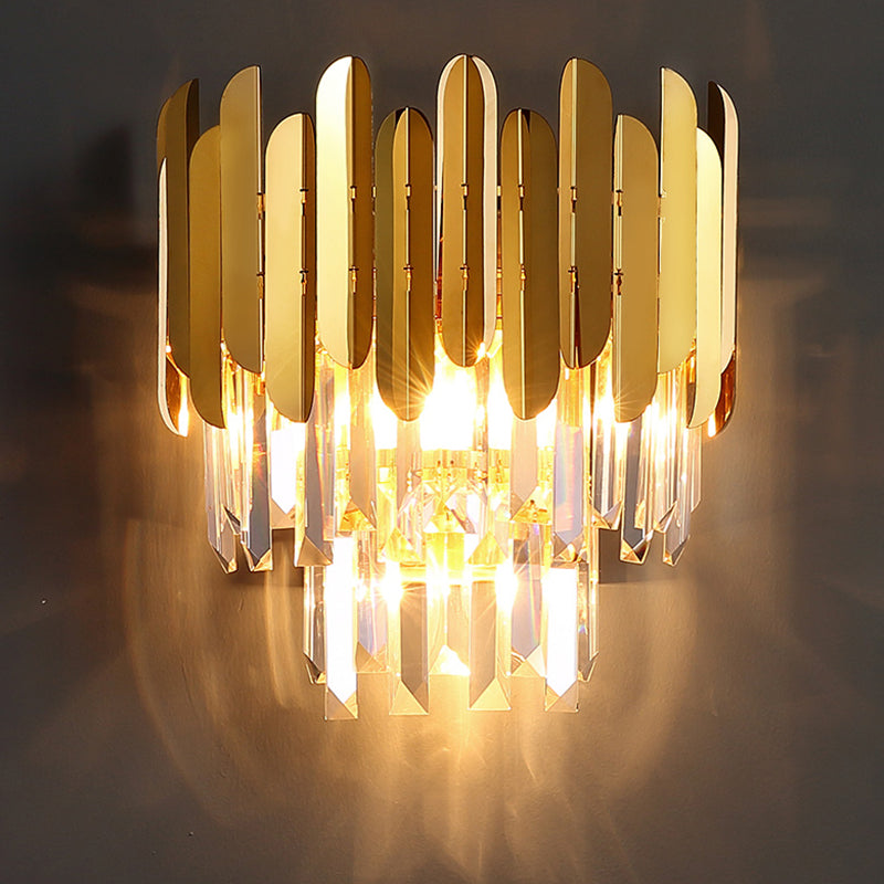 Faceted Crystal Wall Lamp with Sheet Metal Modern 3 Lights Flush Wall Sconce in Gold for Corridor