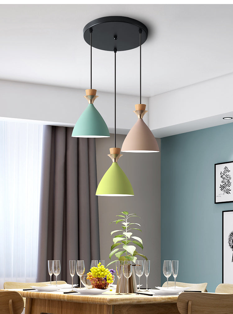 Macaroon 3-Light Cluster Pendant Green-Pink-Yellow Cone Metal Shade Hanging Light with 59" Adjustable Hanging Wire