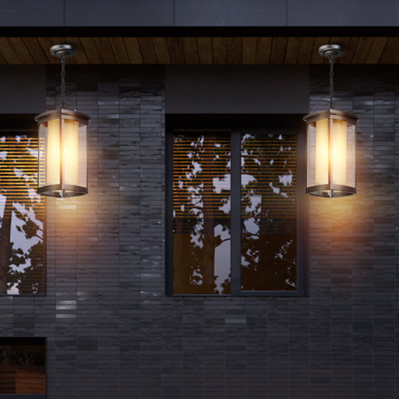 Luz colgante de rectángulo industrial Sombra de vidrio doble 1 luz colgante al aire libre en negro para el patio, 5 "/7"/8 "W