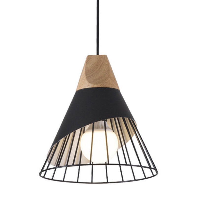 1 Light Macaroon Hanging Light Nordic Minimalist Solid Wood Bedroom Pendant Lamp with Iron Hollow Lampshade