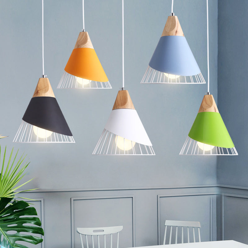 1 Light Macaroon Hanging Light Nordic Minimalist Solid Wood Bedroom Pendant Lamp with Iron Hollow Lampshade