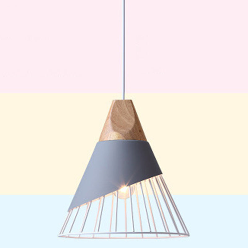 1 Light Macaroon Hanging Light Nordic Minimalist Solid Wood Bedroom Pendant Lamp with Iron Hollow Lampshade