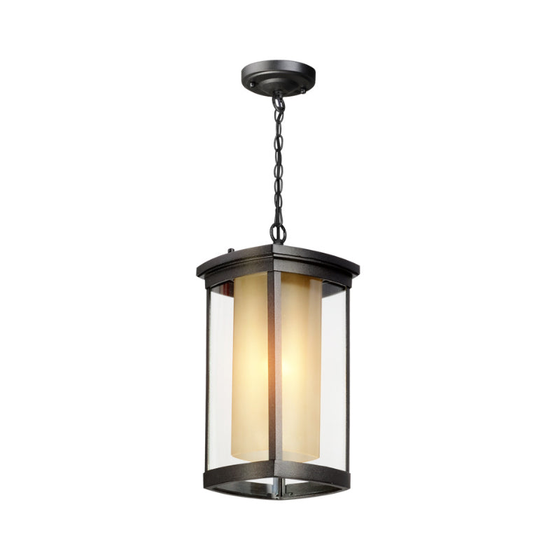 Industrial Rectangle Hanging Light Double Glass Shade 1 Light Outdoor Pendant Light in Black for Courtyard, 5"/7"/8" W