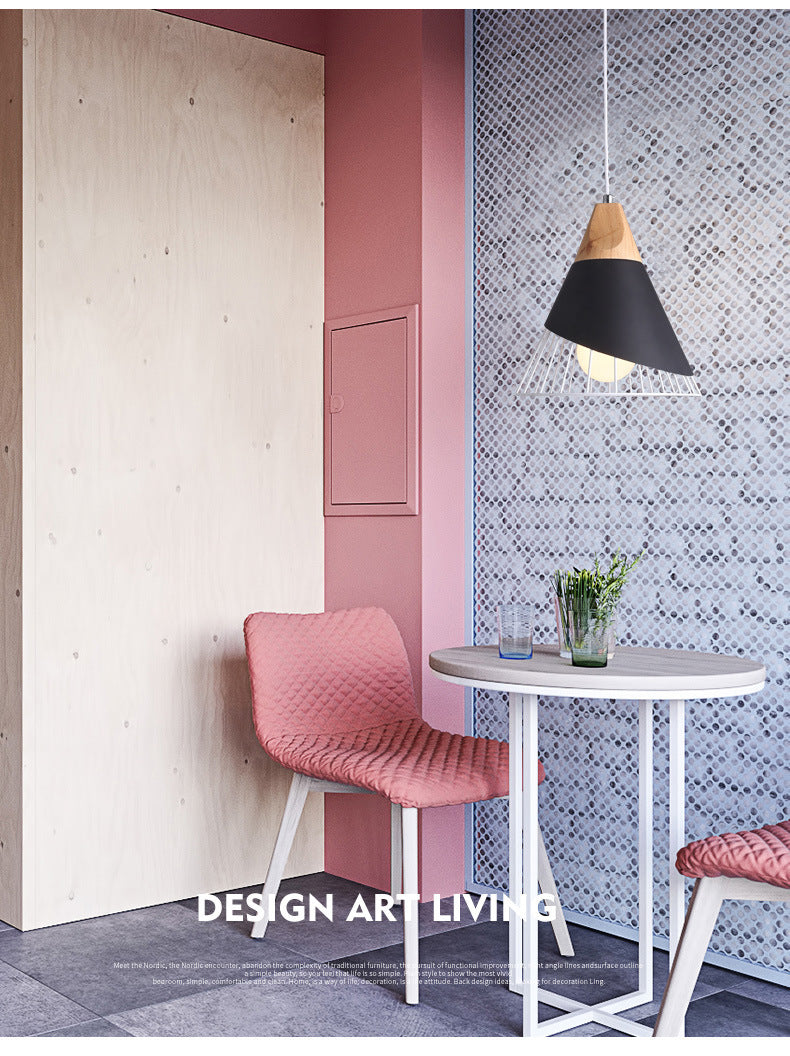 1 Light Macaroon Hanging Light Nordic Minimalist Solid Wood Bedroom Pendant Lamp with Iron Hollow Lampshade