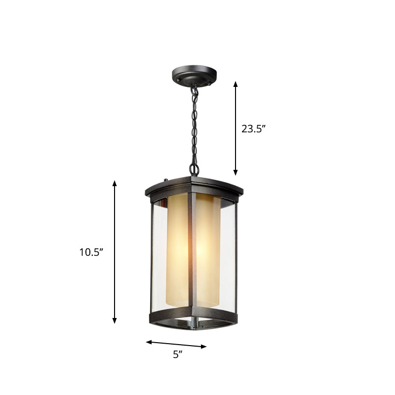 Industrial Rectangle Hanging Light Double Glass Shade 1 Light Outdoor Pendant Light in Black for Courtyard, 5"/7"/8" W