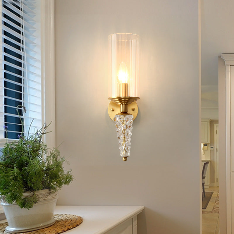 Cylindrical Clear Glass Shade Wall Mounted Lighting Vintage 1 Bulb Wall Lighting Fixture in Brass for Bedside