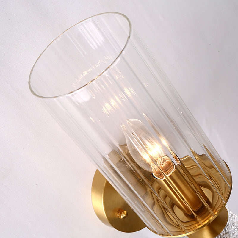 Cylindrical Clear Glass Shade Wall Mounted Lighting Vintage 1 Bulb Wall Lighting Fixture in Brass for Bedside