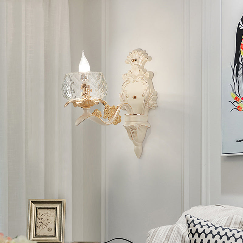 Carved Arm Wall Light Sconce with Clear Glass Bowl Lampshade Vintage 1/2 Bulbs Wall Mount Light in White