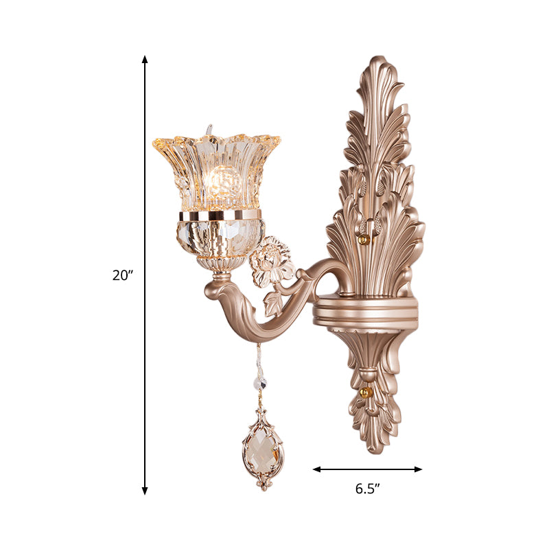 1/2 Heads Bell Wall Lighting with Clear Glass Shade and Crystal Decoration Vintage Gold Finish Sconce Light Fixture