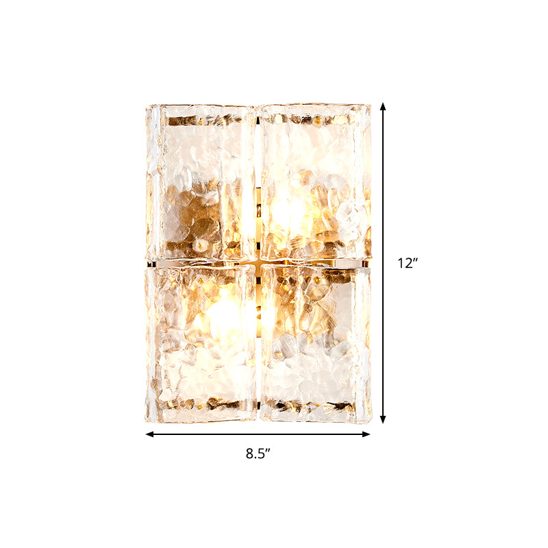 Rectangle Wall Sconce Light with Clear Water Glass Shade Modernist 2 Lights Wall Mount Light in Gold for Bedroom