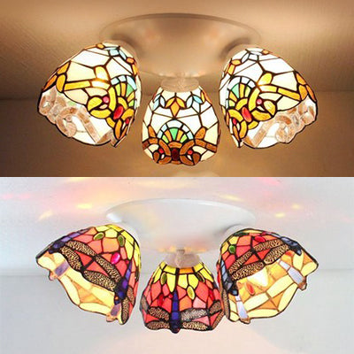 3 Heads Dome Flush Mount Ceiling Light Tiffany Stained Glass Flushmount Light in Beige/Orange for Bedroom
