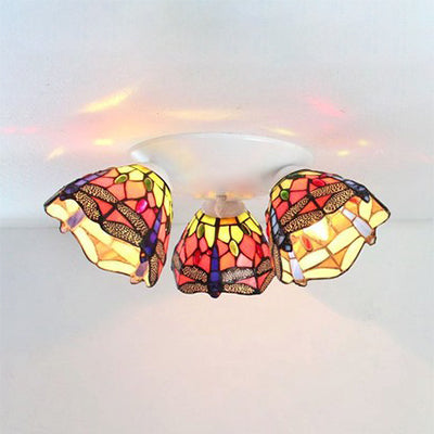 3 Heads Dome Flush Mount Ceiling Light Tiffany Stained Glass Flushmount Light in Beige/Orange for Bedroom