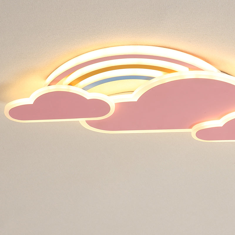 White/Pink Rainbow Cloudy Ceiling Light Cartoon Metallic LED Flush-Mount Light Fixture, Warm/White Light