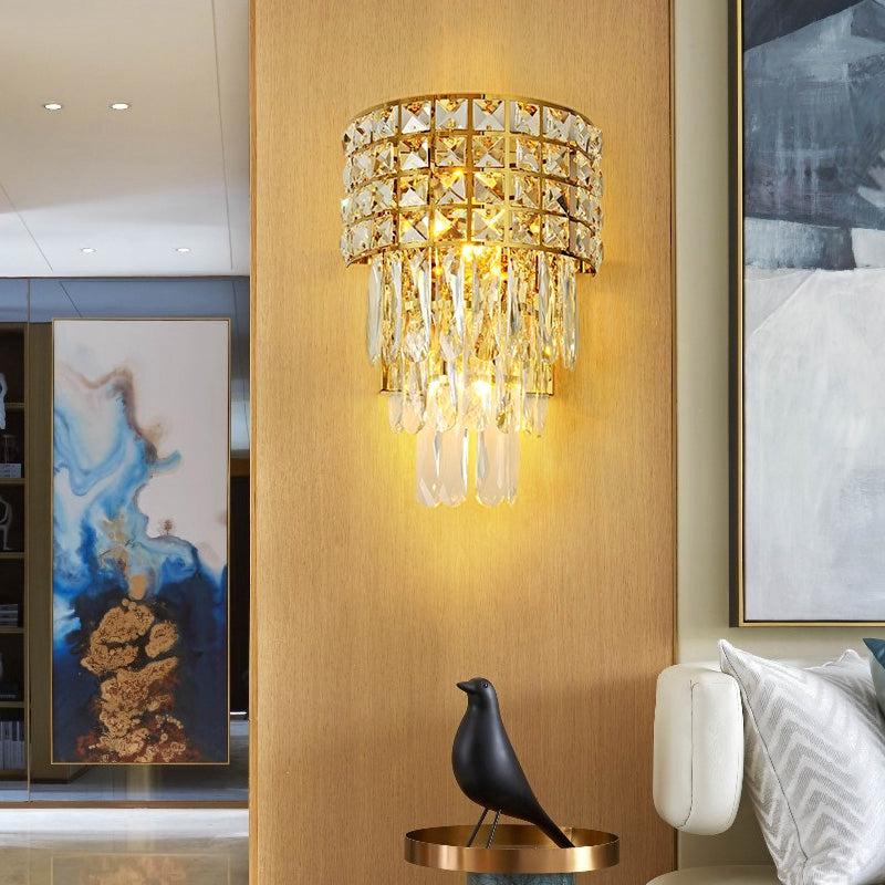 Lampada a parete a blocchi di cristallo triangolare moderno illuminazione a monte a parete a 3 luci in finitura dorata