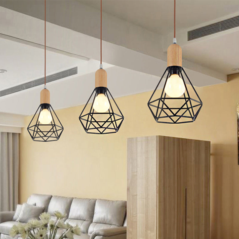 Pear/Diamond/Gourd Cage Pendant Lamp Fixture Metallic Vintage 1 Head Ceiling Hanging Light in Black