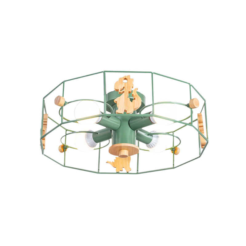 Drum Cage Shade Semi Mount Lighting Cartoon Metal 4 Luci Lampada a soffitto con decorazione di dinosauro in finitura verde