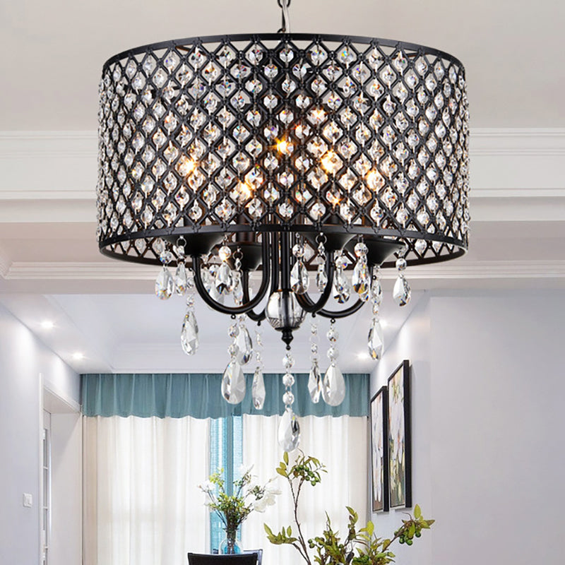 Lampe de lustre noir / chromé de style vintage avec ombre à tambour 4 lumières fer et cristal Lumière suspendue