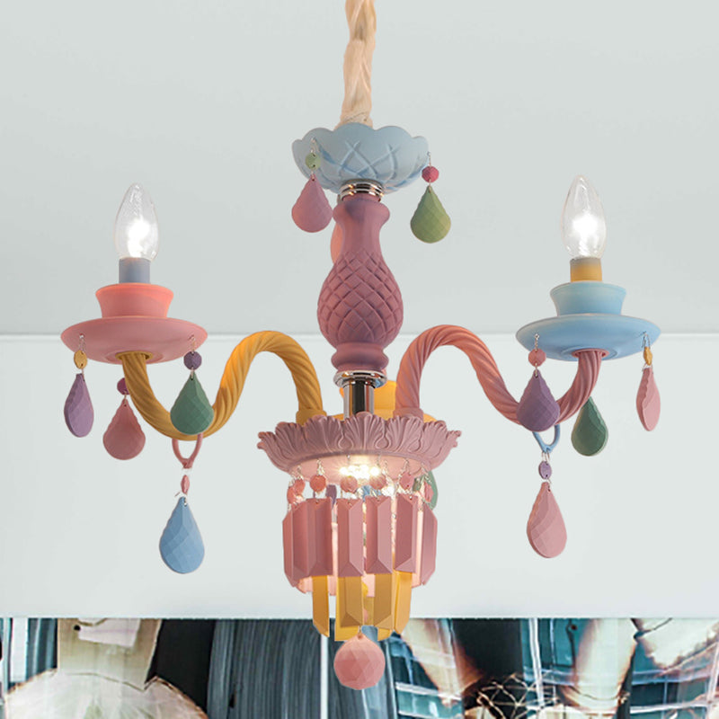 3/5 Bulbs Candle Chandelier Pendant Light Macaron Glass Hanging Light with Crystal Accent in Multi Color