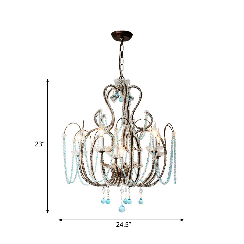 Pendre de bougie vintage Lumière avec perle en cristal bleu royal clair 6 lumières lampe de lustre pour chambre à coucher