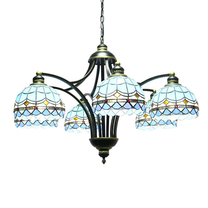 Lampadario in vetro blu color tiffany tiffany a 6 luci 2 23,5 ", ampio soggiorno appeso alla catena regolabile